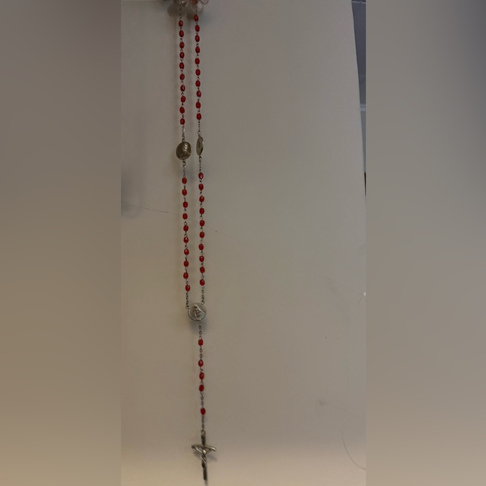 Vintage Red Crystal Catholic Rosary Silver Tone Crucifix Miraculous Prayer Beads
